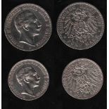 # Deutsches Reich. 2 Silbermünzen. 3 und 5 Mark. Wilhelm II., Deutscher Kaiser. A 1911 und A 1908.