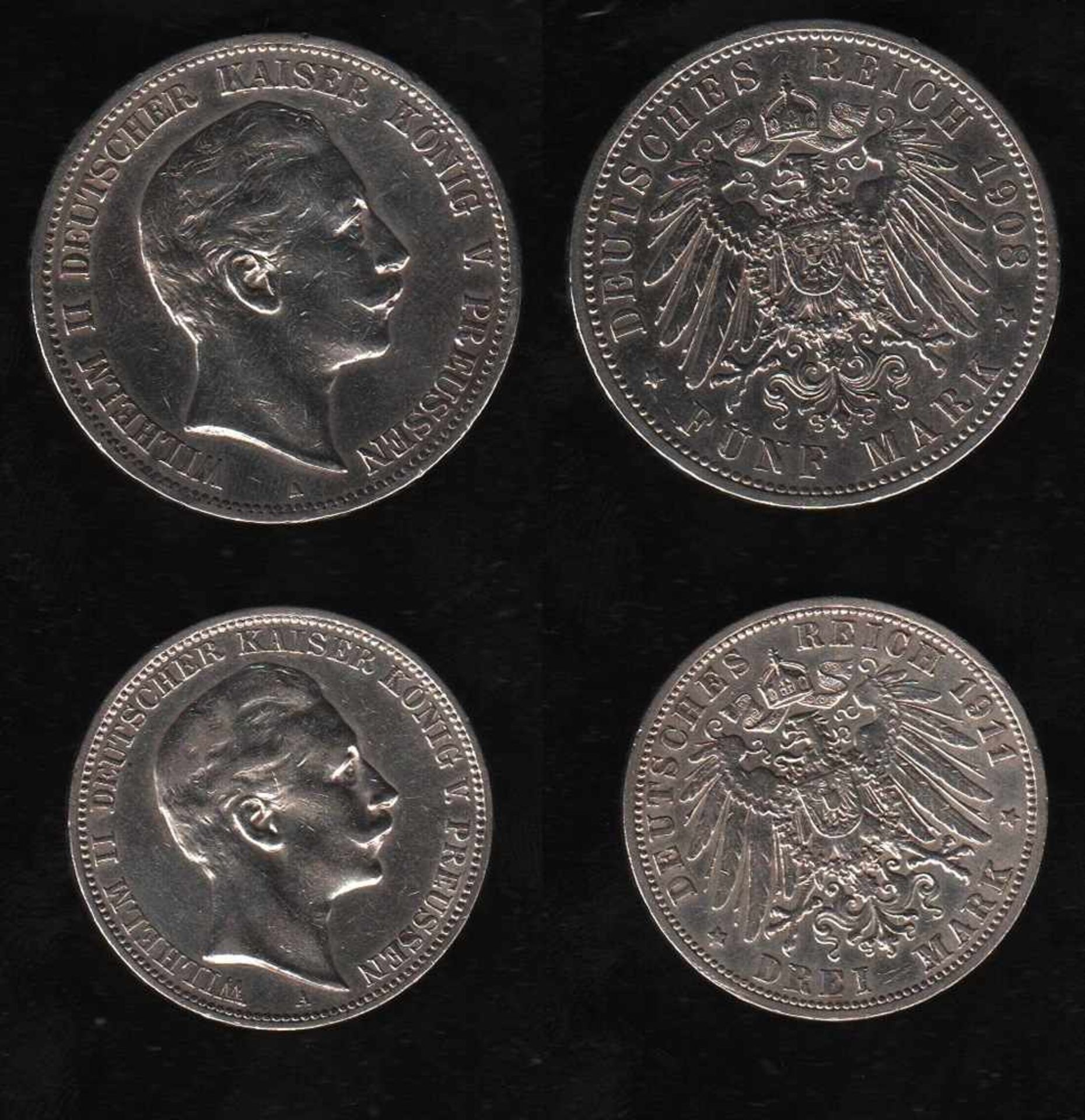 # Deutsches Reich. 2 Silbermünzen. 3 und 5 Mark. Wilhelm II., Deutscher Kaiser. A 1911 und A 1908.