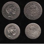 # Deutsches Reich. 2 Silbermünzen. 3 und 5 Mark. Wilhelm II., Deutscher Kaiser. A 1910 und A 1895.