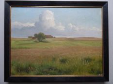 Haslund, Otto (Kopenhagen 1842 - 1917 Koldby). Landschaft mit Bauernhaus. Öl auf Leinwand von