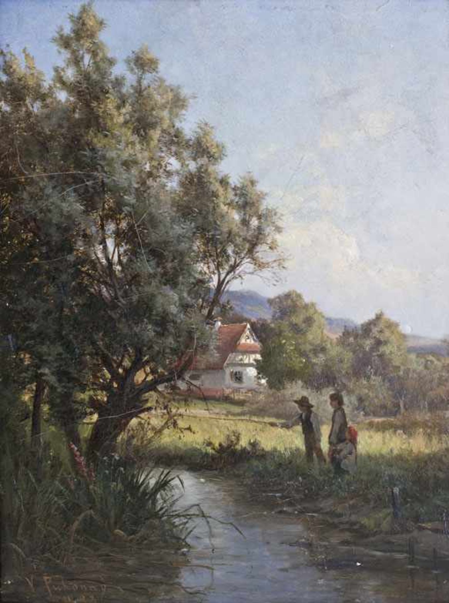 Puhonny, Victor (Prag 1838 - 1909 Baden-Baden). Der kleine Angler. Öl auf Leinwand von 1883. Unten