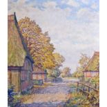 Blunck, Heinrich (Kiel 1891 - 1963). Bauernhäuser im Herbst. Öl auf Leinwand. Um 1935. Singiert.