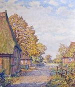 Blunck, Heinrich (Kiel 1891 - 1963). Bauernhäuser im Herbst. Öl auf Leinwand. Um 1935. Singiert.