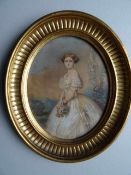 Anonym.- Frau im Hochzeitskleid. Aquarell auf Karton. Um 1850. 21 x 17 cm. Unter Glas im ovalen