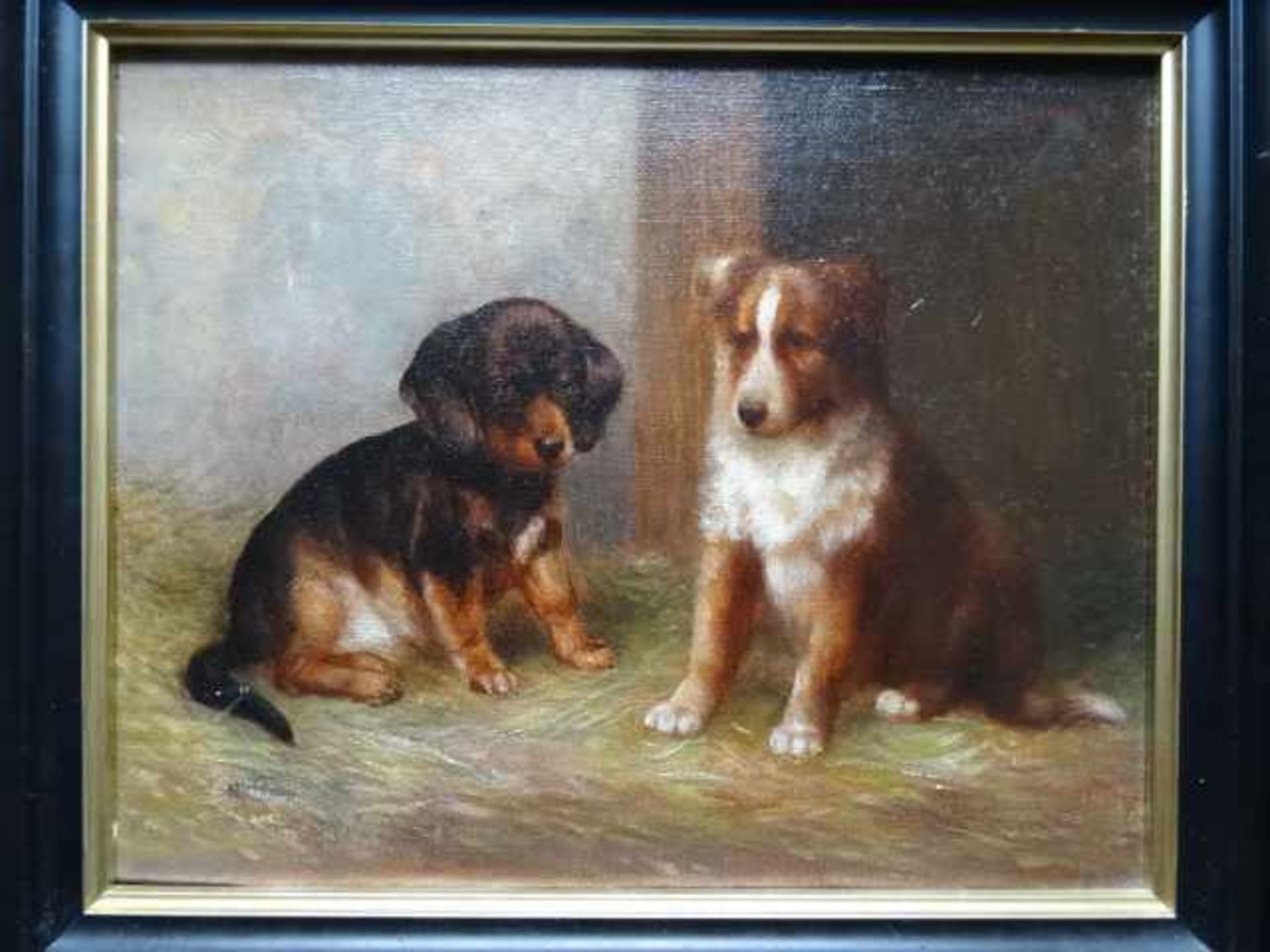 Heimerl, Josef (Wien 1867 - nach 1918). Zwei Hundewelpen. Öl auf Leinwand. Um 1899. Oben rechts - Bild 2 aus 4