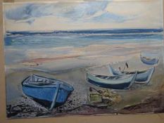 Ewertsen, Annemarie (Kiel 1909 - 1993 Laboe). Fischerboote am Strand. Pastellkreide auf Papier von