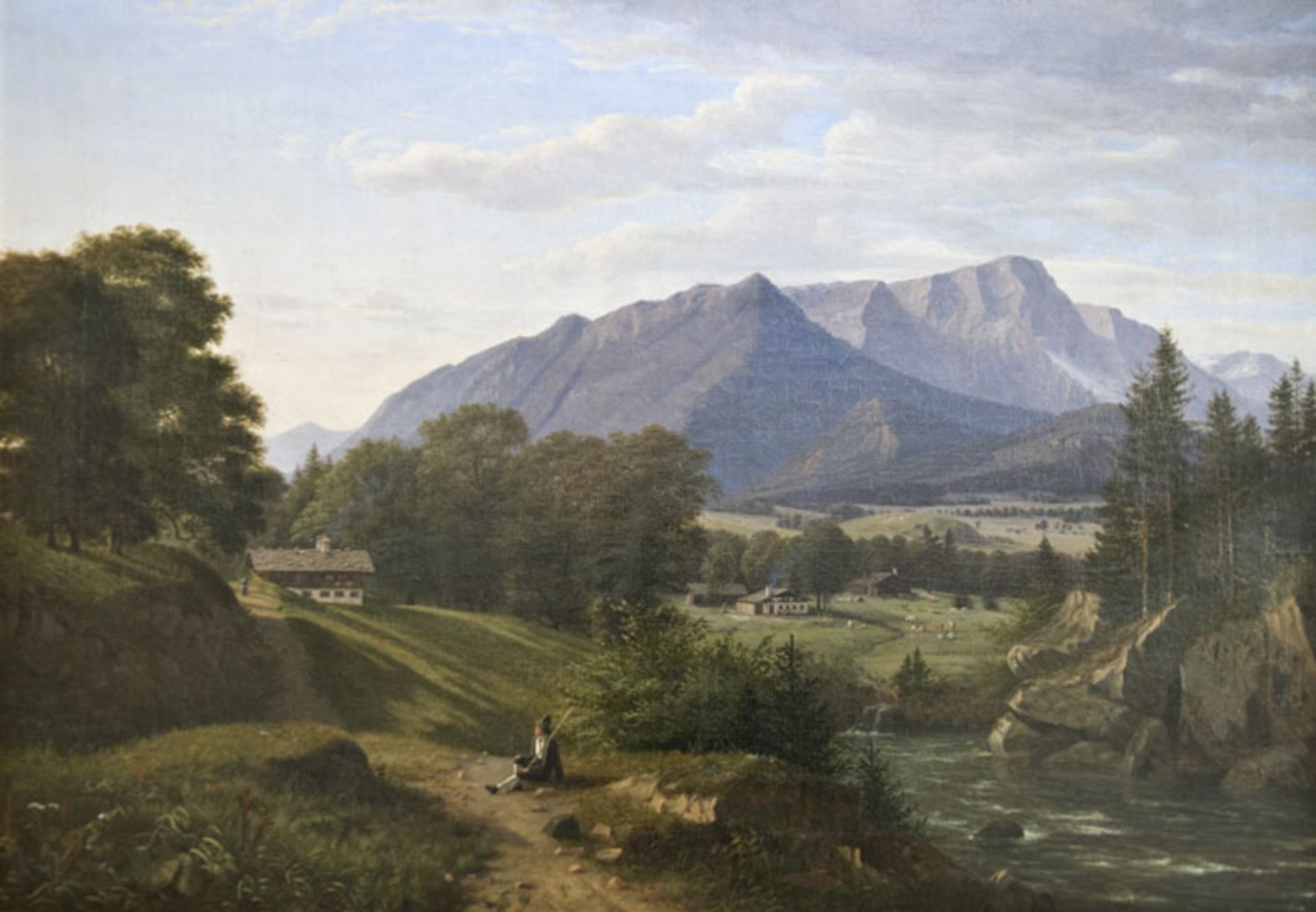Mohr, Johann Georg Paul (Bordesholm 1808 - 1843 München). Gebirgslandschaft mit Wanderer. Öl auf