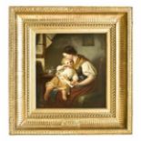 Epp, Rudolf (Eberbach 1834 - 1910 München). Mutter mit Kind und Fibel. Öl auf Holz. Um 1870. Unten
