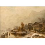 Doll, Anton. (München 1826 - 1887). Winter in den Bergen. Öl auf Holz. (Um 1880). Unten links