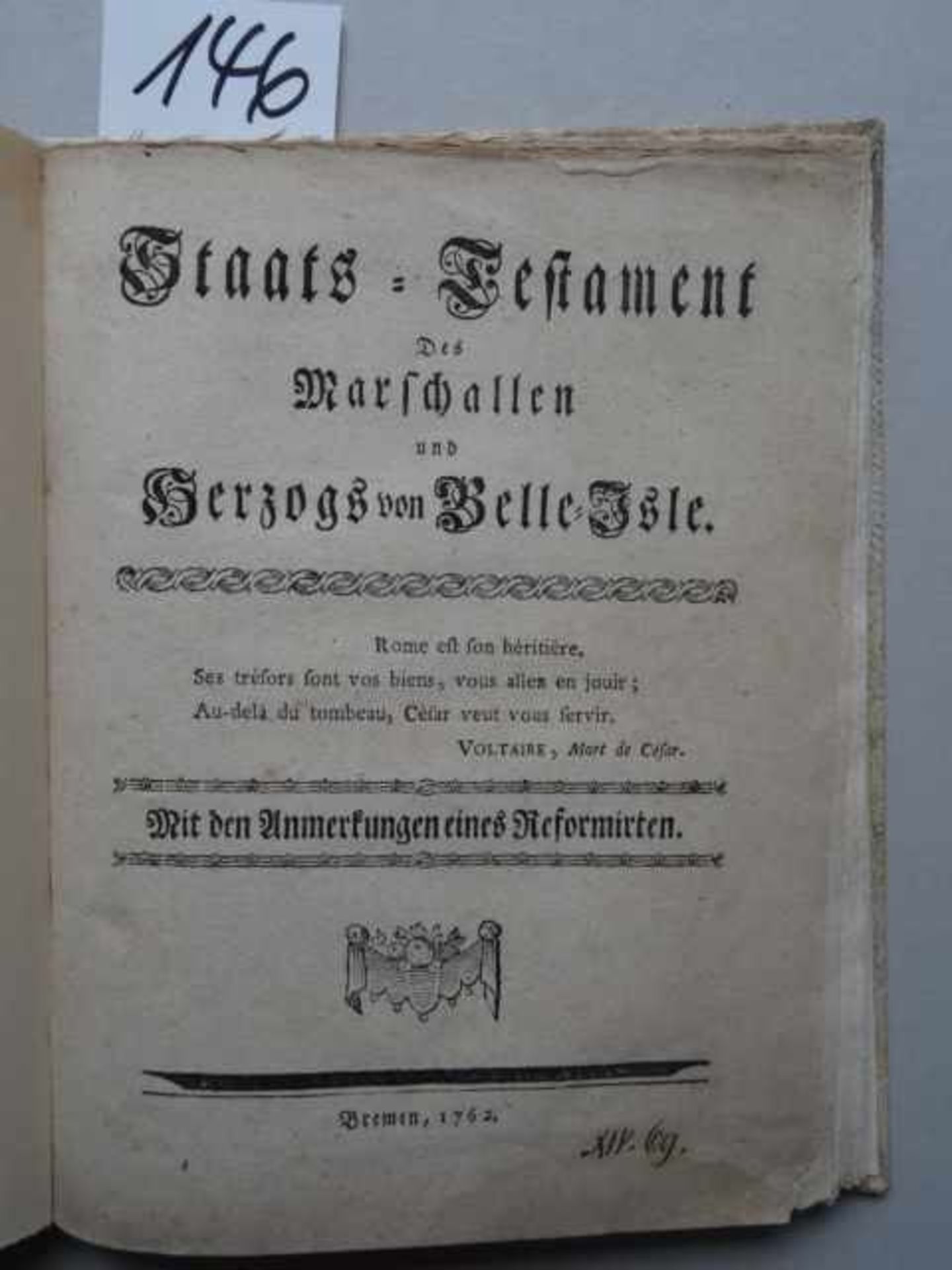 (Chevrier, F.A. de.) Staats-Testament Des Marschallen und Herzogs von Belle-Isle. Mit den