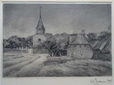 Feddersen, Carl Christian (Tondern 1876 - 1936 Keitum). Dorfkirche und Reetdachhaus.