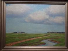 Gottburgsen, Anna (Oldenbek 1896 - 1987). Nordfriesische Landschaft. Öl auf Holz, um 1935. Unten