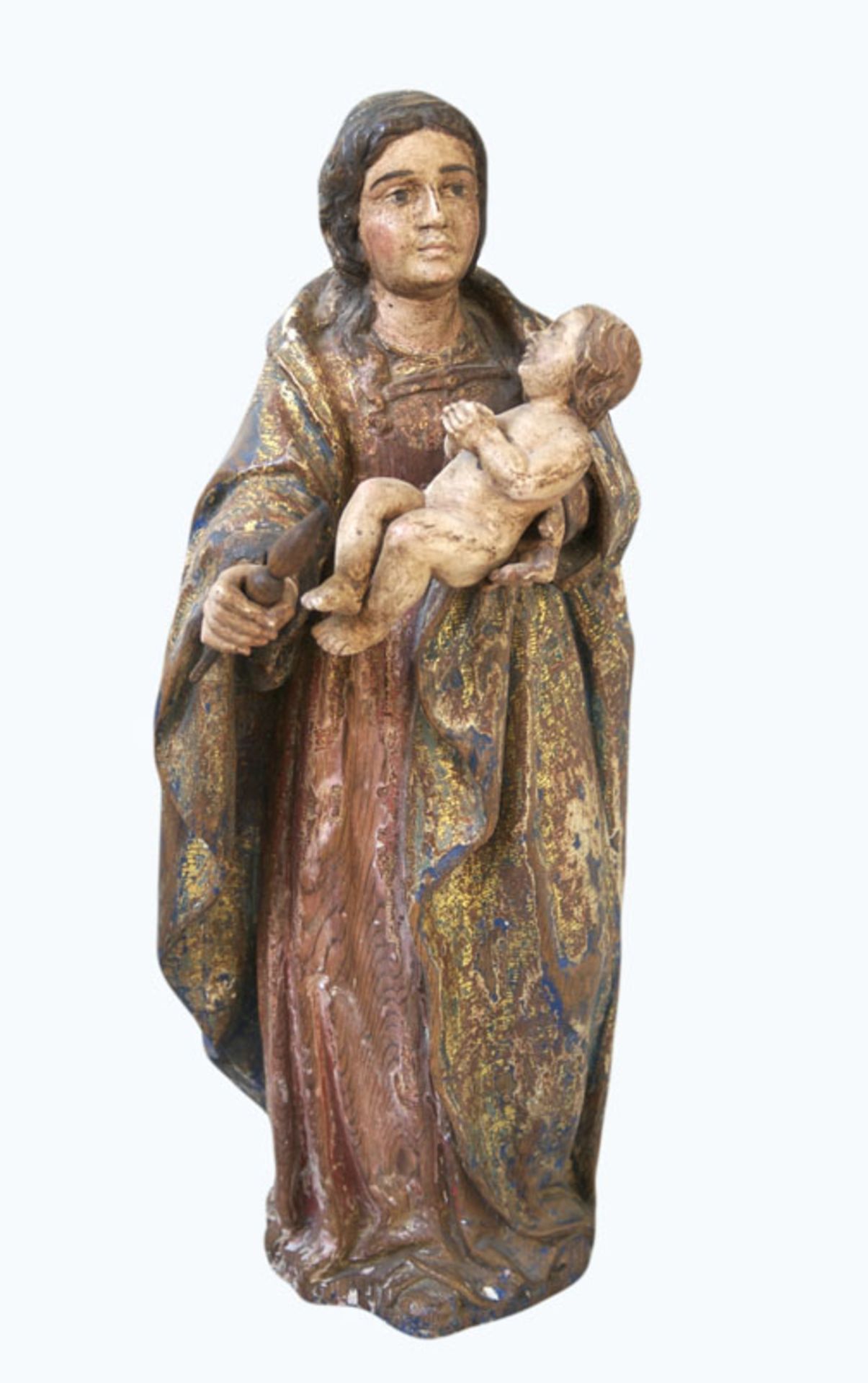 Heiligenstatue mit Kind und Stab. Holz, koloriert und goldgefasst. Um 1850 (?). 42 x 17 x 15 cm (