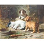 Reichert, Carl. (Wien 1836 - 1918 Graz). Schlafende Katze und zwei Hunde. Öl auf Hartfaser. Um 1884.