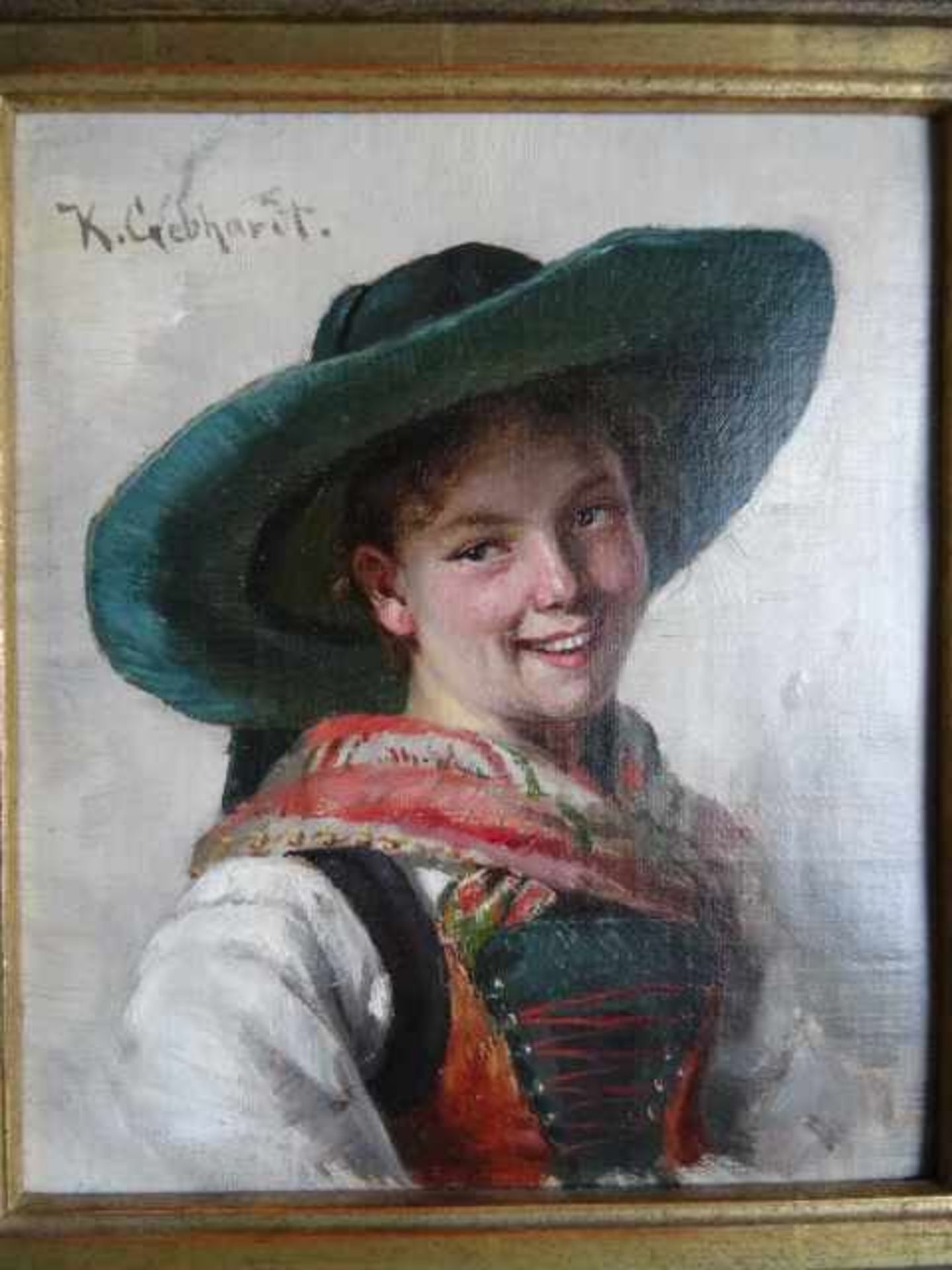 Gebhardt, Karl (d.J.) (München 1860 - 1917). Trachtenmädchen mit Hut. Öl auf Karton. Um 1890. Oben - Bild 2 aus 3