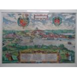 Schleswig.- Schleiswygh. Kolor. Kupferstich von Braun u. Hogenberg, um 1590. 33 x 48 cm. Gerahmt.