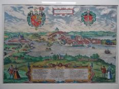 Schleswig.- Schleiswygh. Kolor. Kupferstich von Braun u. Hogenberg, um 1590. 33 x 48 cm. Gerahmt.