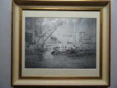 Kiel.- Bootshafen. Aluminiumdruck. (Um 1960). Schwer leserlich signiert 'Lipp...'. 32 x 45 cm. Unter