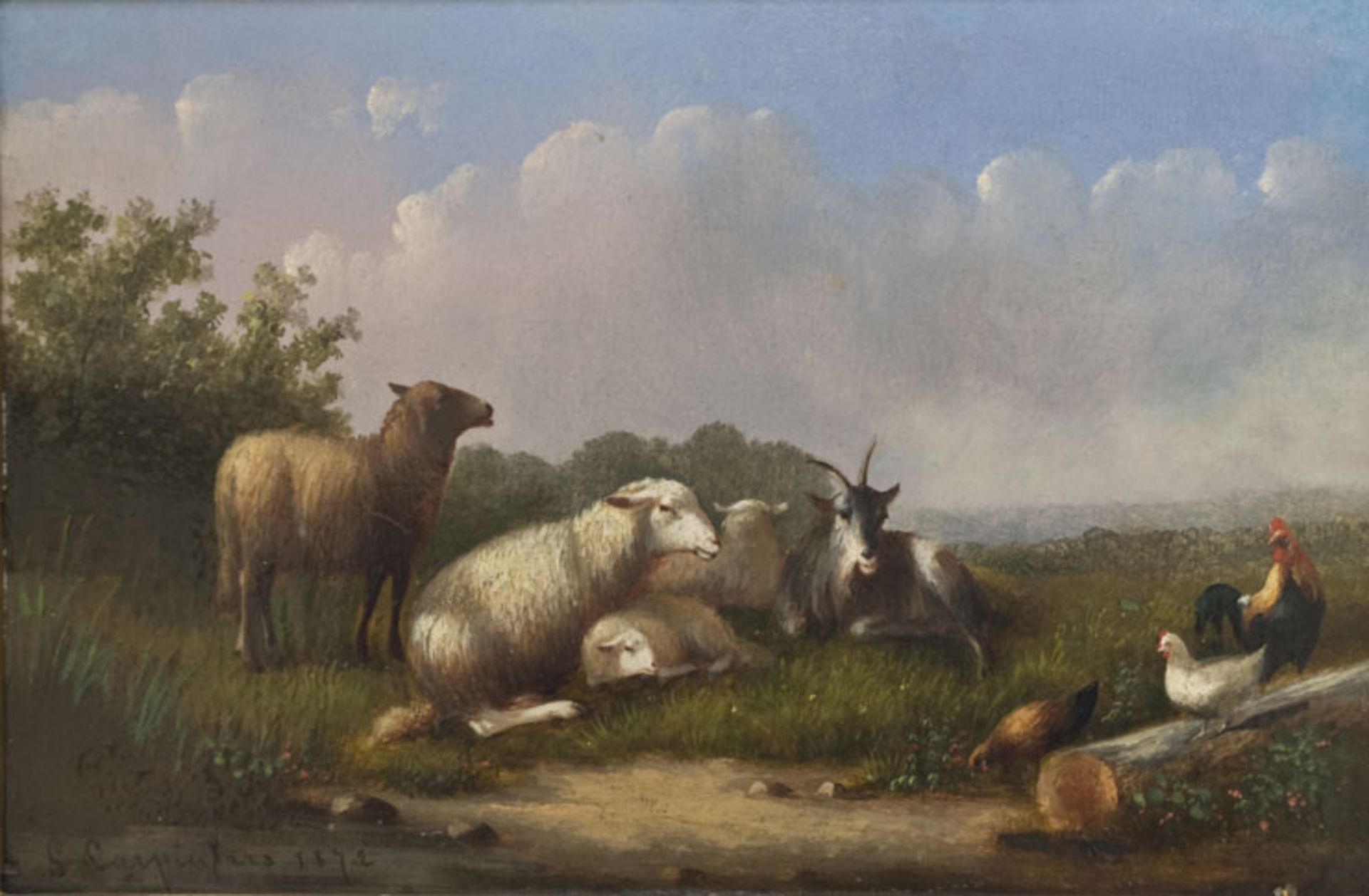 Carpentero, Henry Josef Gommarus (Brüssel 1820 - 1874). Ruhende Weidetiere. Öl auf Holz. 1872. Unten
