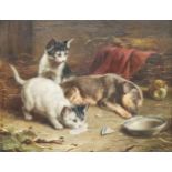 Reichert, Carl (Wien 1836 - 1918 Graz). Schlafender Hund und zwei Katzen. Öl auf Holz von 1884.