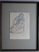 Lassen, Käte (Flensburg 1880 - 1956). Trauernde Frau. Lavierte Bleistiftzeichnung mit etwas Blau auf