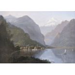 Anonym.- Gebirgslandschaft mit Dorf und Kirche am See mit Blick auf Gletscher. 2 Ölbilder, jeweils