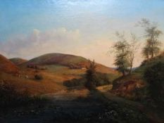 Anonym.- Hügelige Weidelandschaft. Öl auf Leinwand. Um 1860. 40 x 54 cm. Gerahmt. Blick über weite