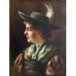 Müller, Emma von (Innsbruck 1859 - 1925 München). Mädchen in Tracht und Federhütchen. Öl auf Holz.