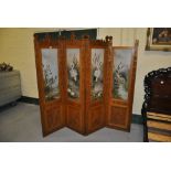 Edwardian carved oak 4-fold modesty screen with carved foliate and bird decorative panels,