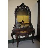 Reproduction continental carved mahogany mirror back console table with cabriole supports and