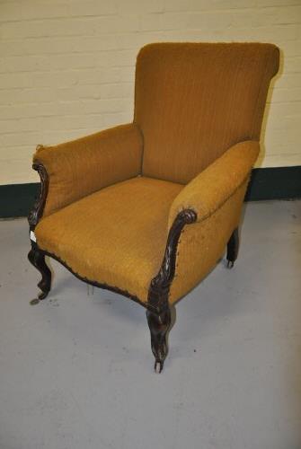 Victorian carved mahogany framed open armchair with cabriole legs & yellow upholstery
