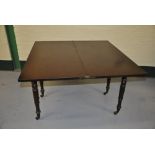Made up Victorian fold over swivel top tea table in mahogany with turned supports with ceramic