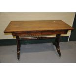 Late Victorian rosewood finished drawing room table on carved turned support and stretcher base