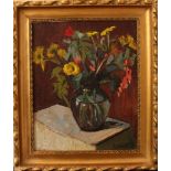 E. Elschech, artist 20th Century, Flowers in glass vase, oil on board, framed, signed down right; on