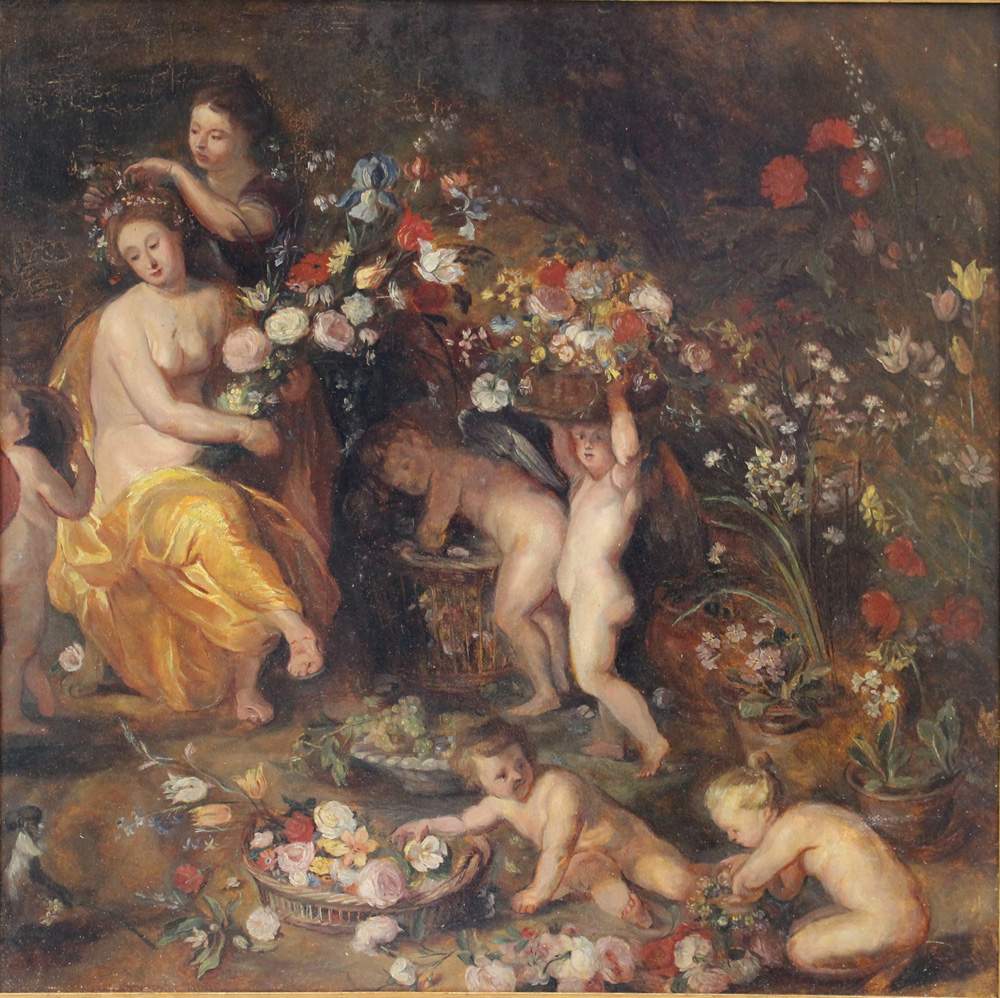 Jan Brueghel the Younger (1601-1678)-attributed, Allegory of Flora with angels, putti and a - Image 2 of 3