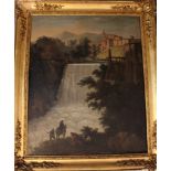 Michael Wutky (1739-1822)-attributed, Large view of an Italian landscape with a waterfall, a horse