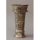 German silver hunting baker in conical round form with animal heads on the top and a hunting scene