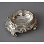 Augsburg silver salt bowl, oval form with shaped base in scroll ending, hand chased with Augsburg