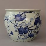 Chinese porcelain bowl with blue painted decorations on white ground, glazed, signed. height 33cm,