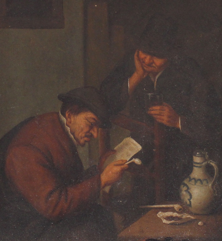 Adriaen van Ostade (1610-1685)-follower, Two Dutch farmers by a table, reading a letter, drinking - Image 3 of 3