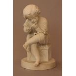 Small biscuit porcelain figure of a sitting young boy playing a pipe; Vienna or Bohemian mid of 19th