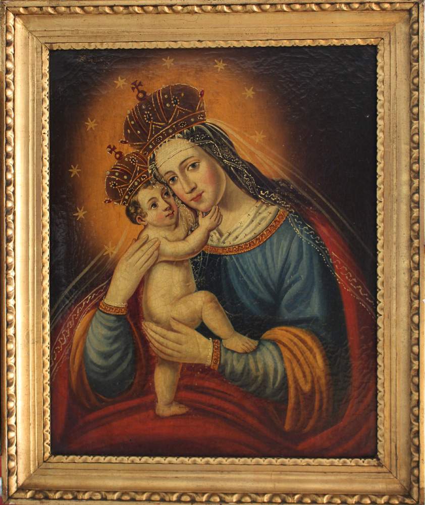 Austrian School around 1800, Maria with Jesus, oil on canvas, in a carved and gilded frame around