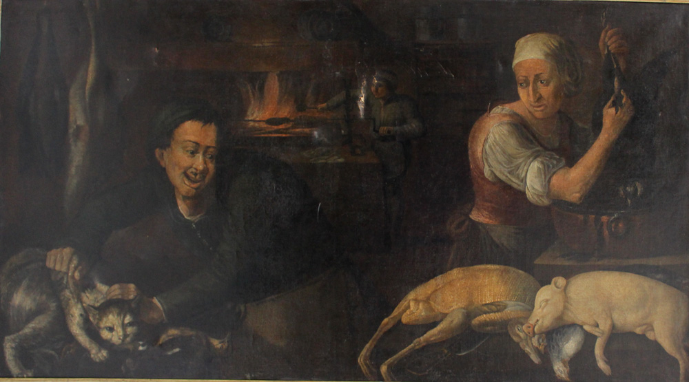 German or Austrian School around 1700, Kitchen scene with a man holding a cat, poultry and other - Image 2 of 3