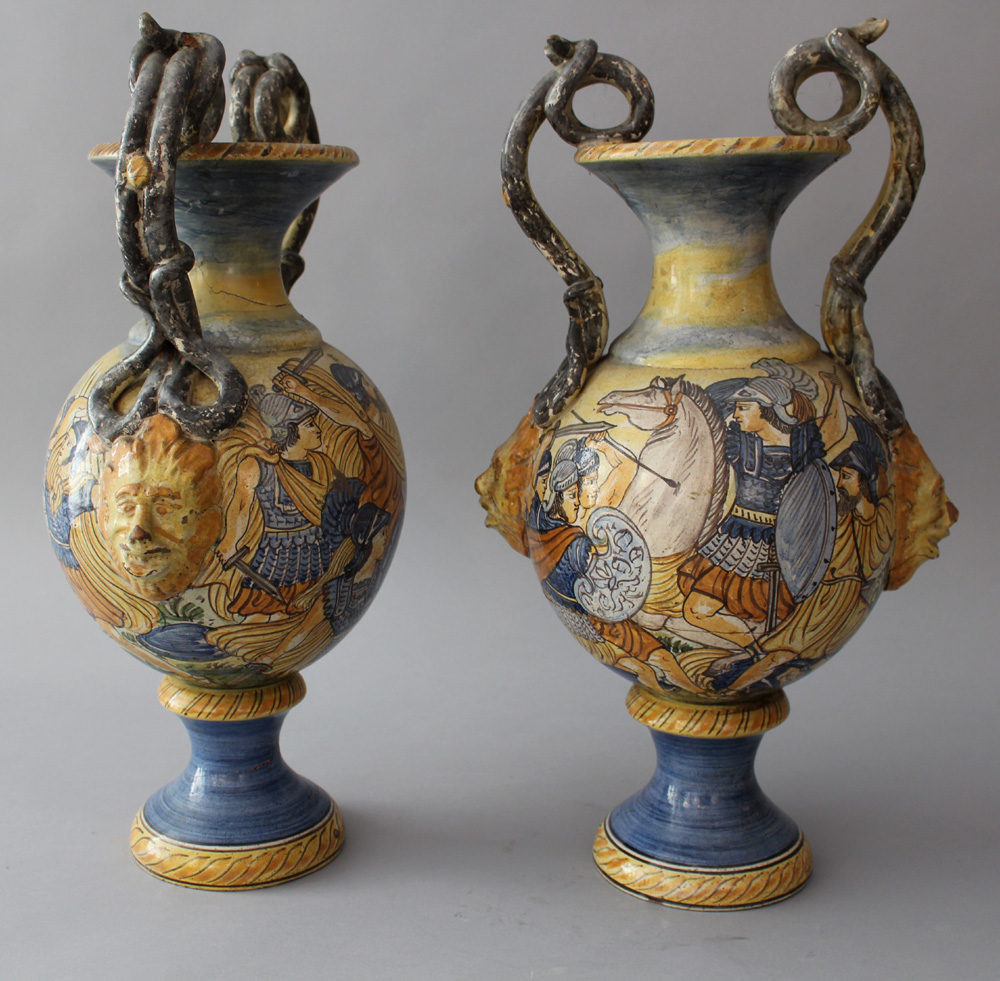 Ceramic set of two amphora vases with snake handgrips and musts, round shaped form with oval - Image 3 of 3