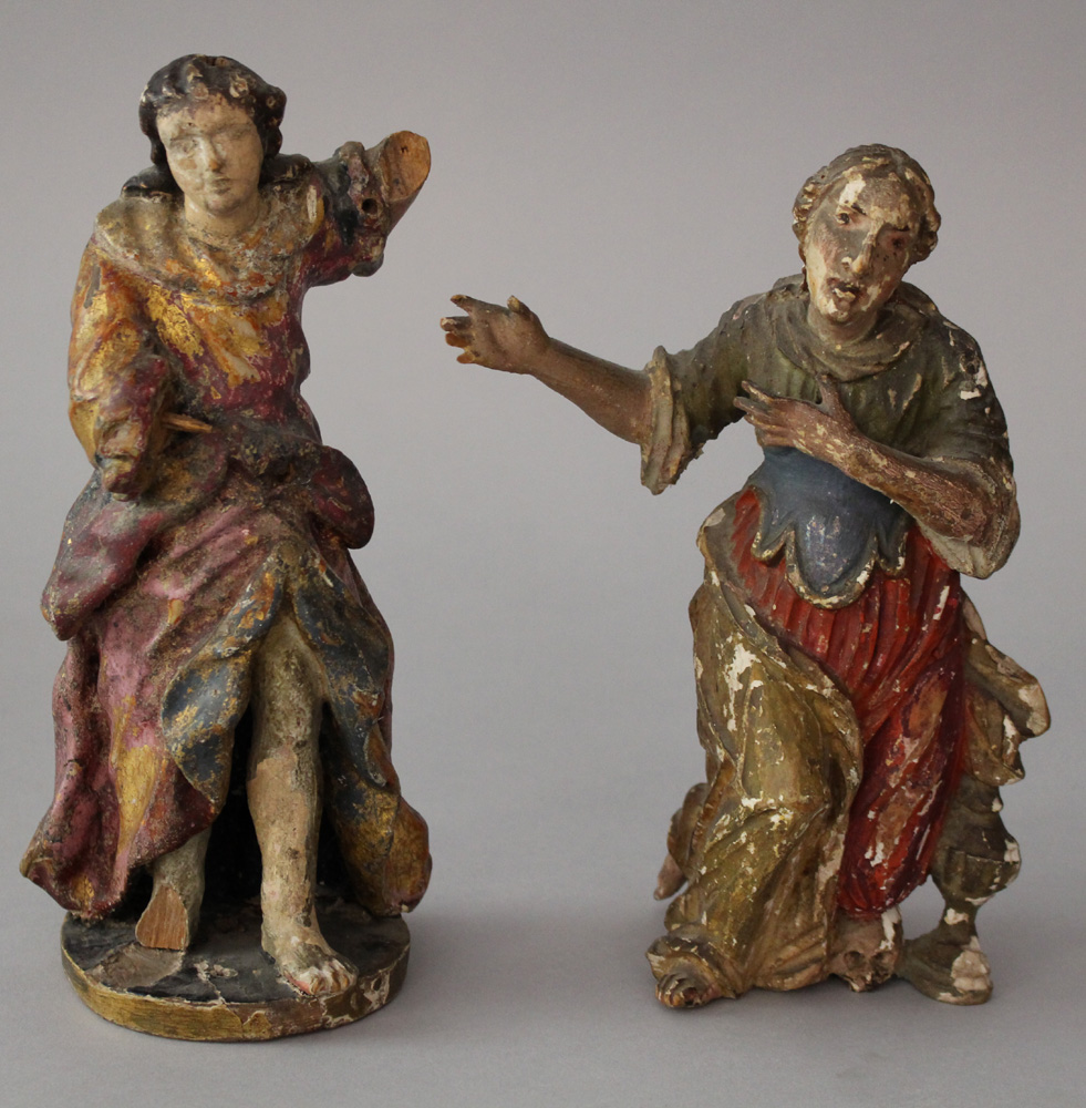 Lot of three baroque sculptures containing three female kneeling and standing wooden carved figures, - Image 2 of 3