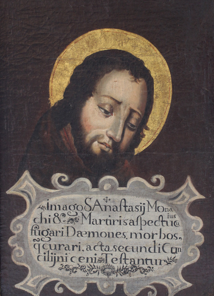 Spanish School 17th Century, Portrait of Saint Anastasius of Persia with description in Latin and - Image 3 of 3