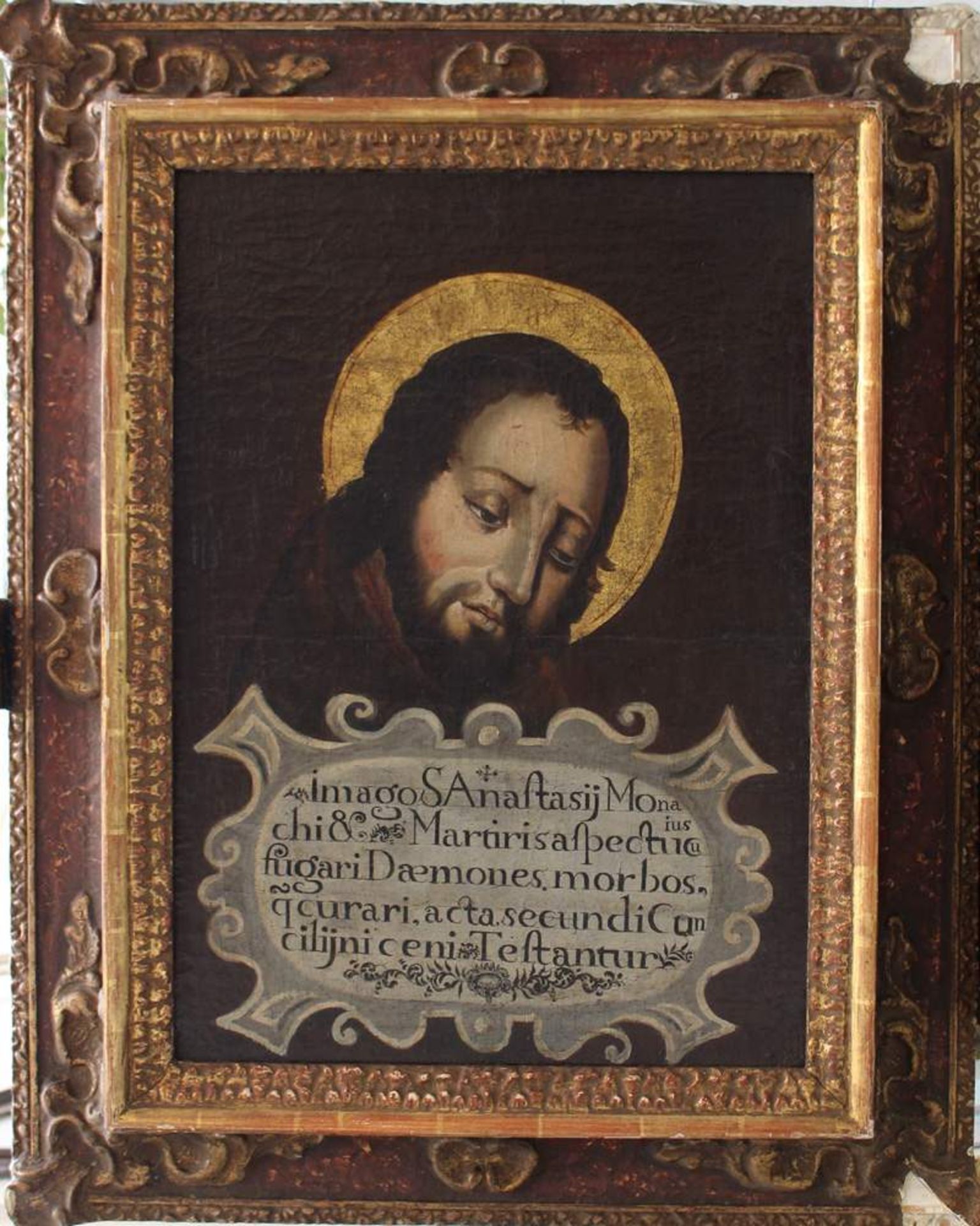 Spanish School 17th Century, Portrait of Saint Anastasius of Persia with description in Latin and