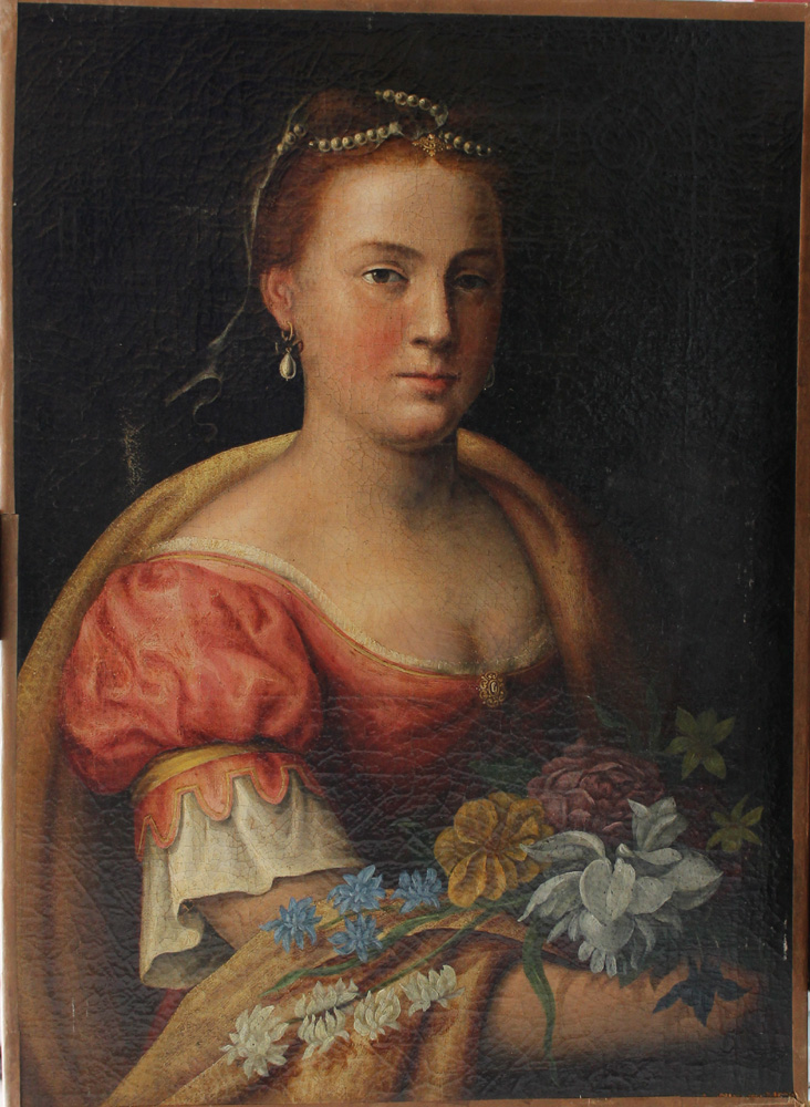 Hendrick Goltzius (1558-1617)-school of, Portrait of a lady with flowers, oil on canvas, on the