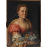 Hendrick Goltzius (1558-1617)-school of, Portrait of a lady with flowers, oil on canvas, on the