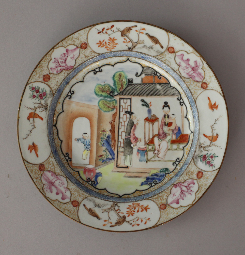 Chinese porcelain dish in Quianlong Style with painted family house scene in the centre and rich